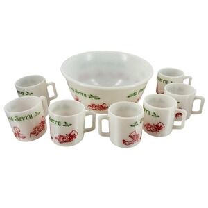 Vintage Fire-King Tom and Jerry Punch Bowl Set - 6 Mugs Milk Glass Holiday